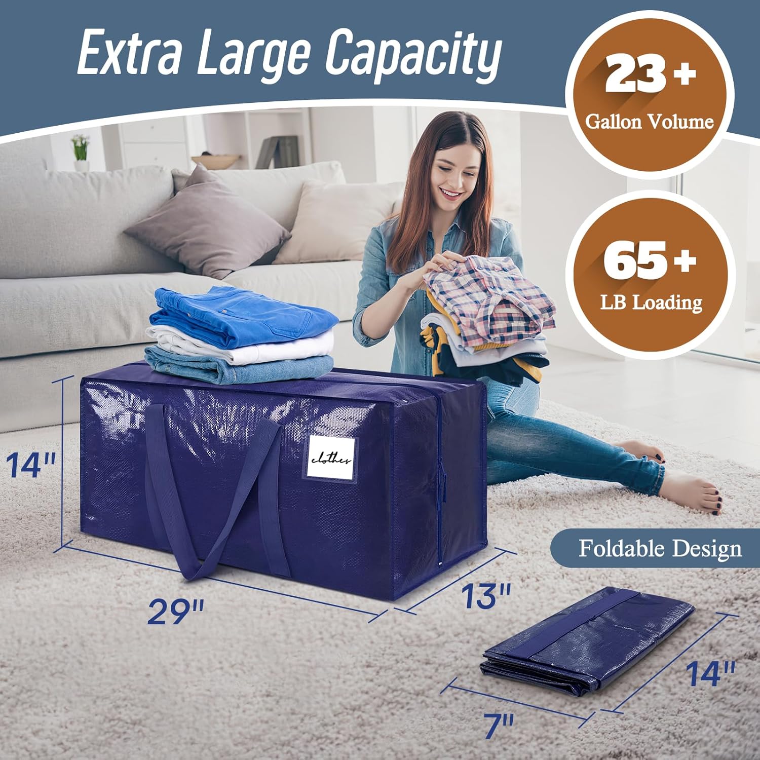 12 Pack Extra Heavy Duty Large Moving Bags with Strong Zipper & Comfortable Handles, Sturdy & Durable Clothes Storage Bags Totes Bins, Packing Moving Boxes for College Supplies, Dark Blue - Image 3