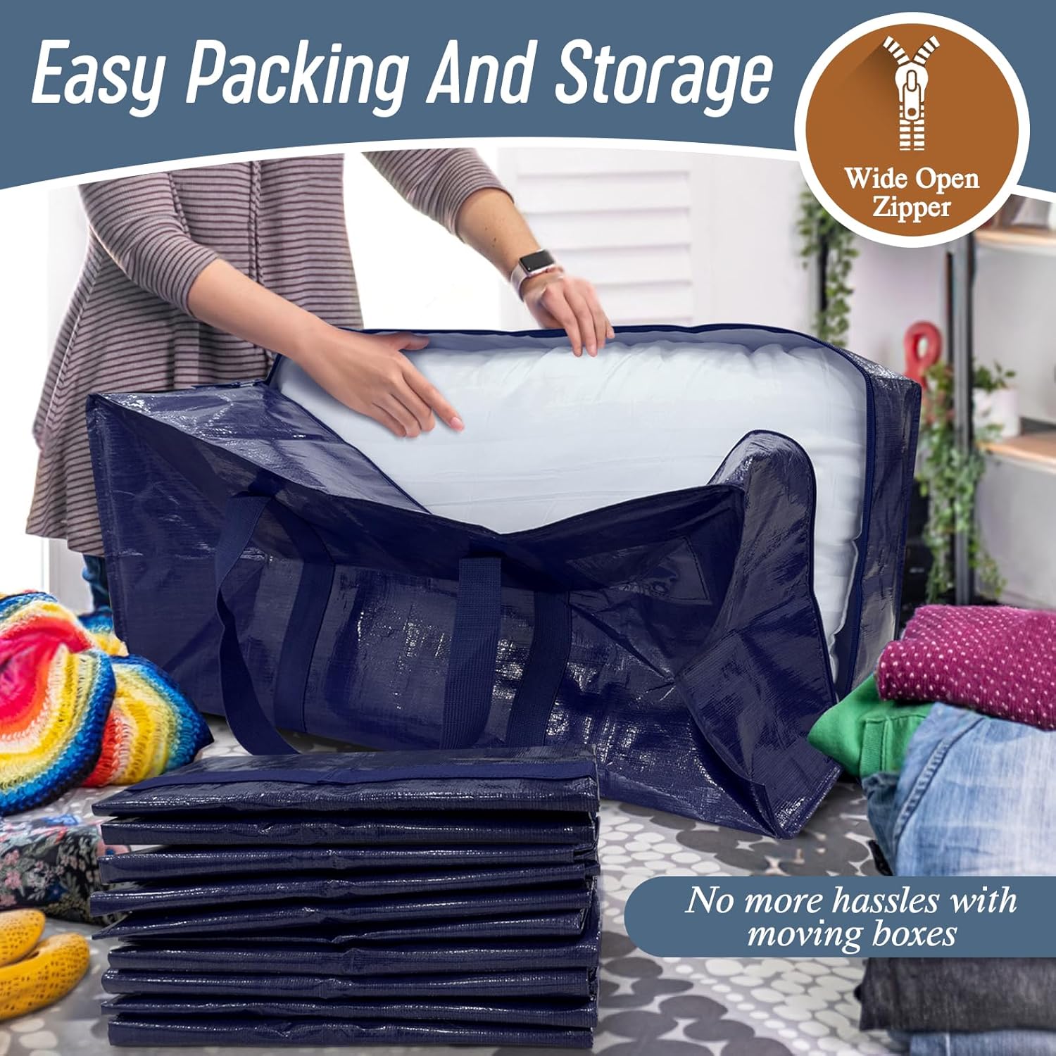 12 Pack Extra Heavy Duty Large Moving Bags with Strong Zipper & Comfortable Handles, Sturdy & Durable Clothes Storage Bags Totes Bins, Packing Moving Boxes for College Supplies, Dark Blue - Image 5