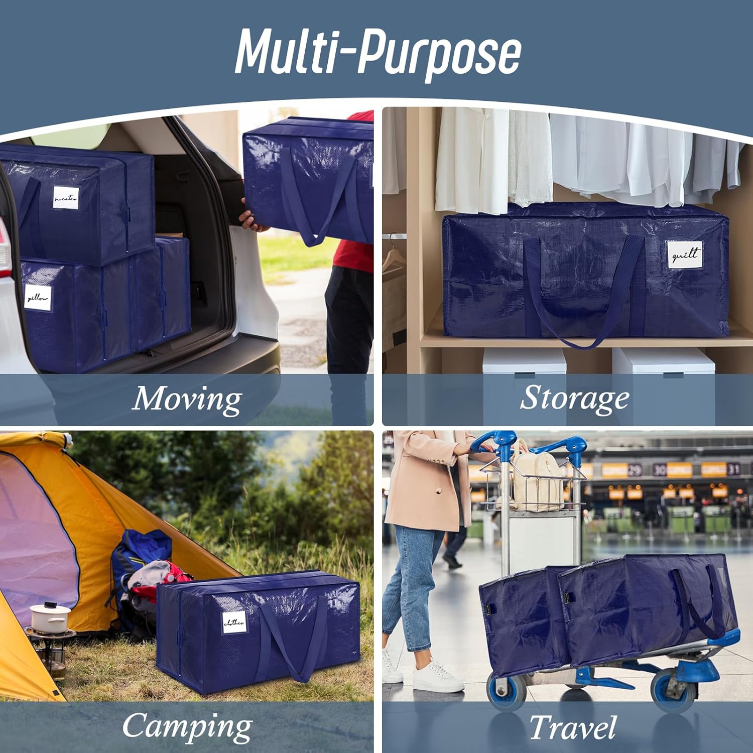 12 Pack Extra Heavy Duty Large Moving Bags with Strong Zipper & Comfortable Handles, Sturdy & Durable Clothes Storage Bags Totes Bins, Packing Moving Boxes for College Supplies, Dark Blue - Image 7