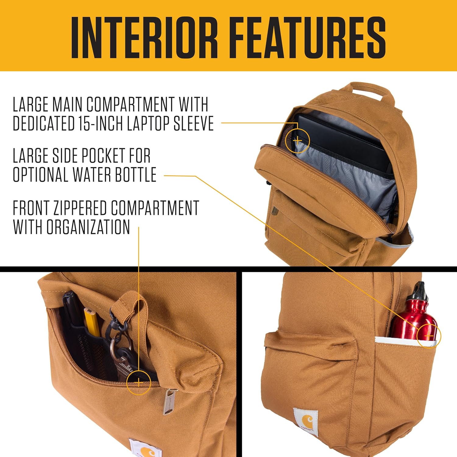 Carhartt 21L Classic Laptop Backpack, Water-Resistant Pack W/ 15" Laptop Sleeve and Organizational Compartments, PFAS Free, Carhartt Brown - Image 3